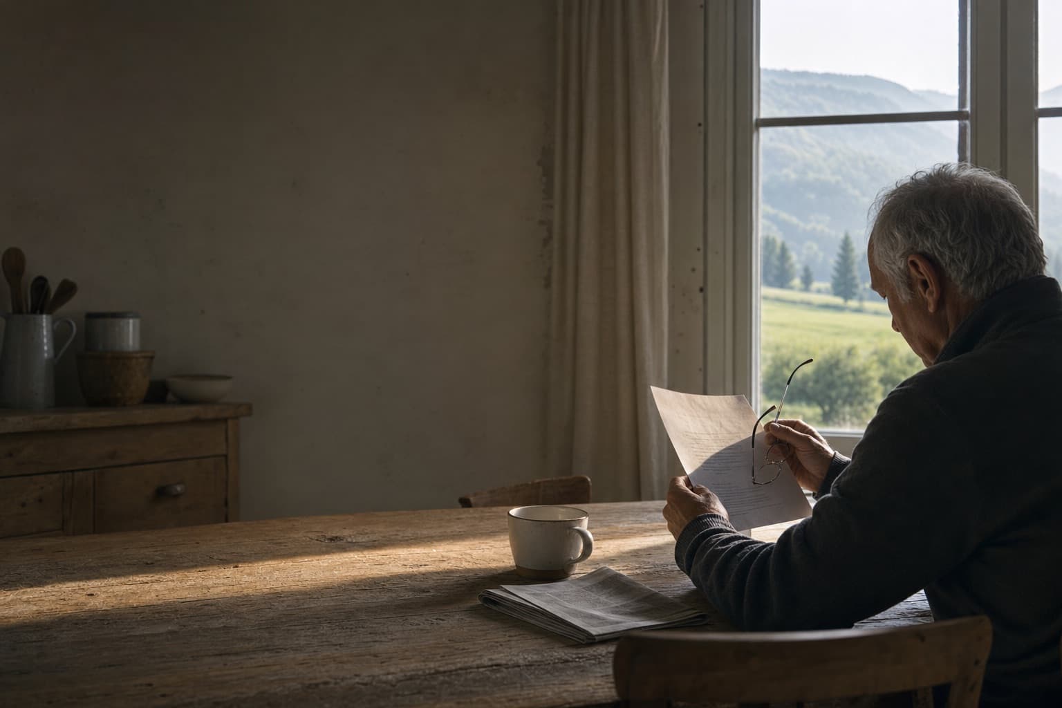 An owner reading a document at a kitchen table, alpine foothills outside